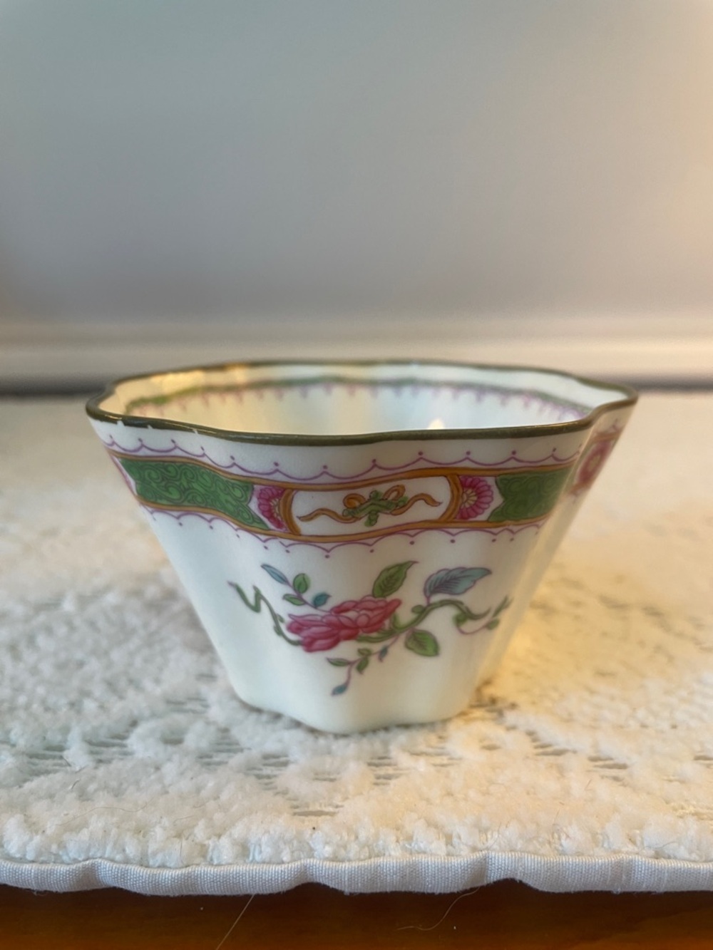 Floral Porcelain small  Bowl with Gold Trim - Pink and Green- custard dish